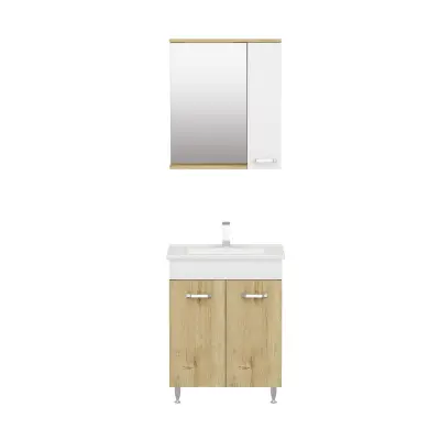 Bion Bathroom Top-Bottom Washbasin Cabinet with Mirror, Sink & Side Cabinet Set - Oak & Whit