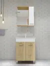 Bion Bathroom Top-Bottom Washbasin Cabinet with Mirror, Sink & Side Cabinet Set - Oak & Whit