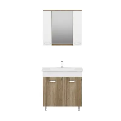 Bion Bathroom Top-Bottom Washbasin Cabinet with Mirror, Sink & Side Cabinet Set - Walnut & W