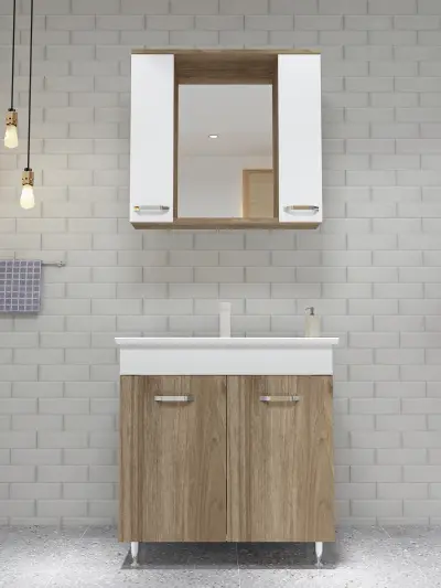 Bion Bathroom Top-Bottom Washbasin Cabinet with Mirror, Sink & Side Cabinet Set - Walnut & W