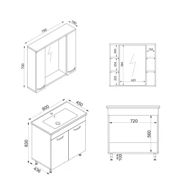 Bion Bathroom Top-Bottom Washbasin Cabinet with Mirror, Sink & Side Cabinet Set - White