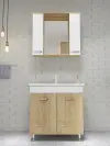 Bion Bathroom Top-Bottom Washbasin Cabinet with Mirror, Sink & Side Cabinet Set - Oak & Whit