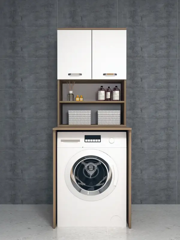 Bion Top-Bottom Washing Machine Cabinet with Side High Cabinet - Walnut & White