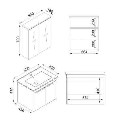 Evola Bathroom Top-Bottom Washbasin Cabinets with Mirror, Sink & Side Cabinet Set - White & 