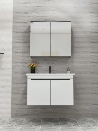 Evola Bathroom Top-Bottom Washbasin Cabinets with Mirror, Sink & Side Cabinet Set - White & 