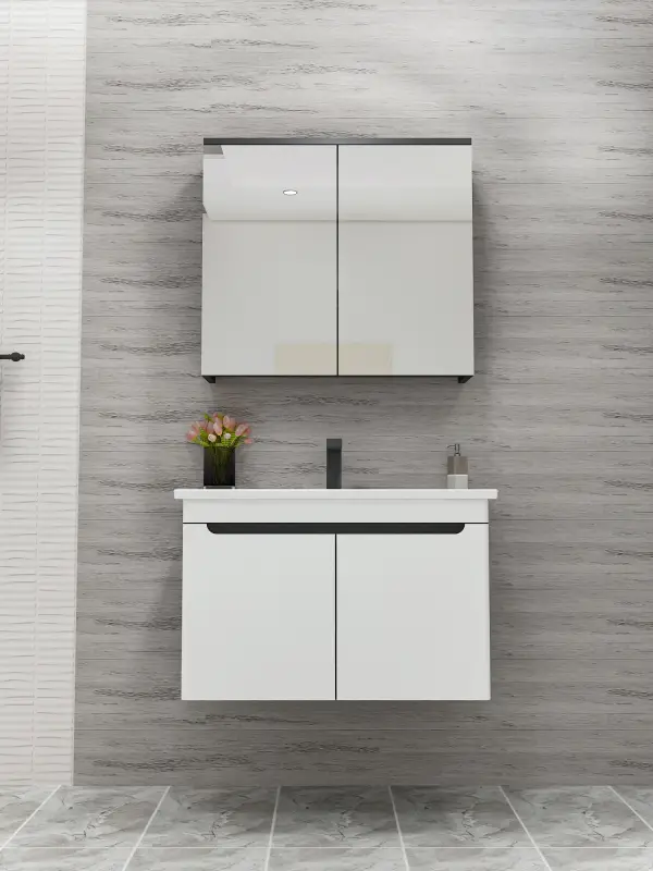 Evola Bathroom Top-Bottom Washbasin Cabinets with Mirror, Sink & Side Cabinet Set - White & Anthracite