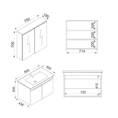 Evola Bathroom Top-Bottom Washbasin Cabinets with Mirror, Sink & Side Cabinet Set - Cappuccino