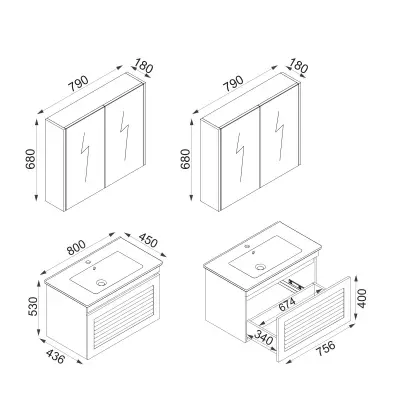 Helenka Bathroom Top-Bottom Washbasin Cabinets with Mirror, Sink & Side Cabinet Set - White