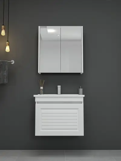 Helenka Bathroom Top-Bottom Washbasin Cabinets with Mirror, Sink & Side Cabinet Set - White