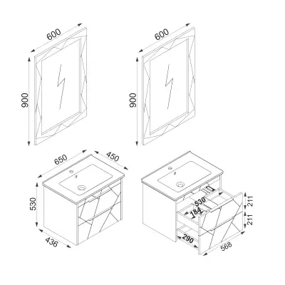 Keops Bathroom Washbasin Cabinet with Framed Wall Mirror, Sink & Side Cabinet Set - White