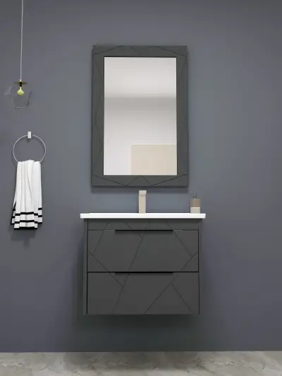 Keops Bathroom Washbasin Cabinet with Framed Wall Mirror, Sink & Side Cabinet Set - Anthracite