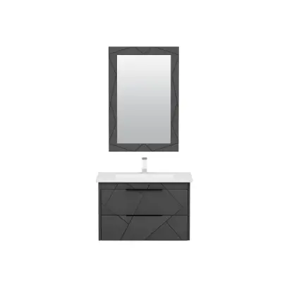 Keops Bathroom Washbasin Cabinet with Framed Wall Mirror, Sink & Side Cabinet Set - Anthracite