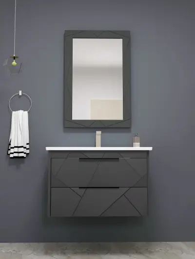 Keops Bathroom Washbasin Cabinet with Framed Wall Mirror, Sink & Side Cabinet Set - Anthracite