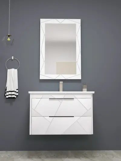 Keops Bathroom Washbasin Cabinet with Framed Wall Mirror, Sink & Side Cabinet Set - White