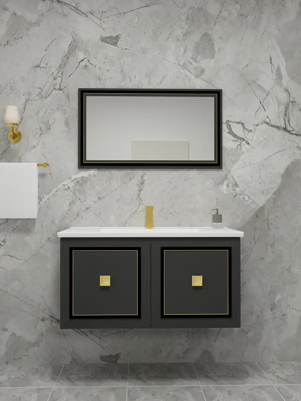 Larissa Bathroom Washbasin Cabinet with Framed Wall Mirror, Sink & Side Cabinet Set - Anthracite