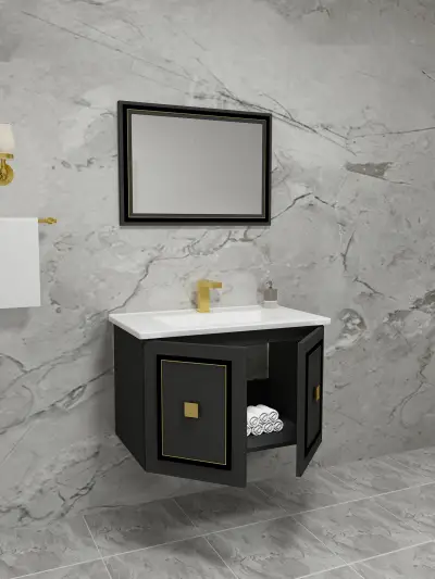 Larissa Bathroom Washbasin Cabinet with Framed Wall Mirror, Sink & Side Cabinet Set - Anthracite