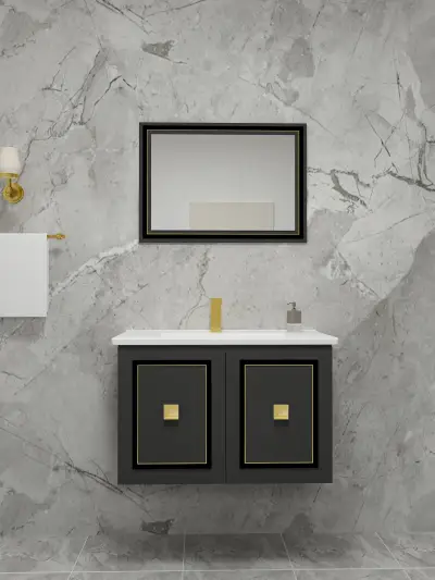 Larissa Bathroom Washbasin Cabinet with Framed Wall Mirror, Sink & Side Cabinet Set - Anthracite