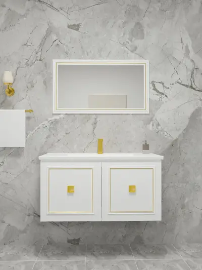 Larissa Bathroom Washbasin Cabinet with Framed Wall Mirror, Sink & Side Cabinet Set - White