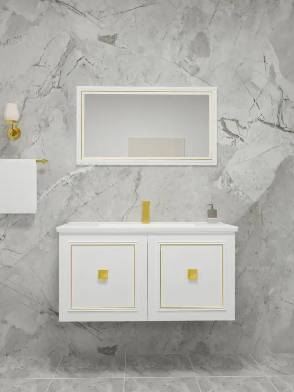 Larissa Bathroom Washbasin Cabinet with Framed Wall Mirror, Sink & Side Cabinet Set - White