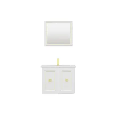 Larissa Bathroom Washbasin Cabinet with Framed Wall Mirror, Sink & Side Cabinet Set - White