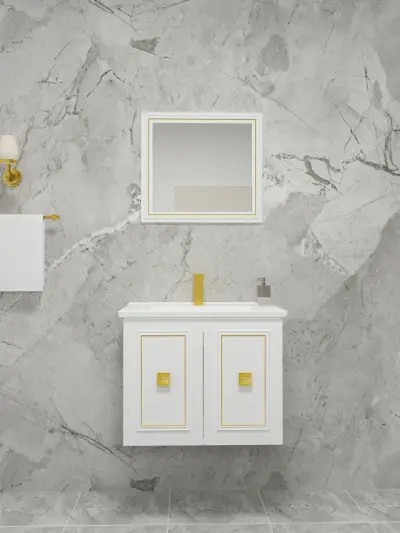 Larissa Bathroom Washbasin Cabinet with Framed Wall Mirror, Sink & Side Cabinet Set - White