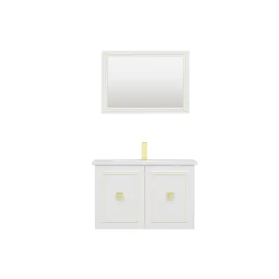 Larissa Bathroom Washbasin Cabinet with Framed Wall Mirror, Sink & Side Cabinet Set - White