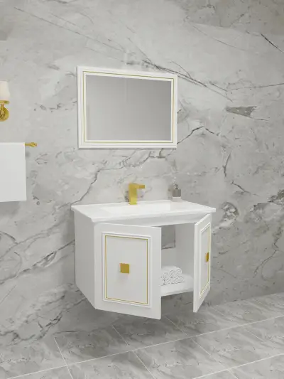 Larissa Bathroom Washbasin Cabinet with Framed Wall Mirror, Sink & Side Cabinet Set - White