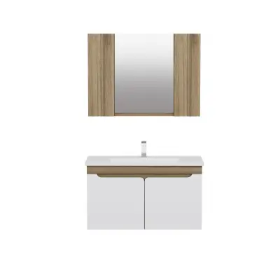 Leny Bathroom Top-Bottom Washbasin Cabinet with Mirror, Sink & Side Cabinet Set - Walnut & W