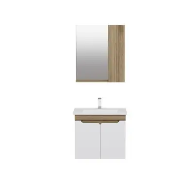 Leny Bathroom Top-Bottom Washbasin Cabinet with Mirror, Sink & Side Cabinet Set - Walnut & W