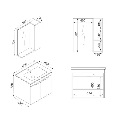 Leny Bathroom Top-Bottom Washbasin Cabinet with Mirror, Sink & Side Cabinet Set - Walnut & W