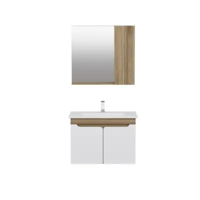 Leny Bathroom Top-Bottom Washbasin Cabinet with Mirror, Sink & Side Cabinet Set - Walnut & W