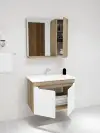 Leny Bathroom Top-Bottom Washbasin Cabinet with Mirror, Sink & Side Cabinet Set - Walnut & W