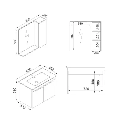 Leny Bathroom Top-Bottom Washbasin Cabinet with Mirror, Sink & Side Cabinet Set - Walnut & W