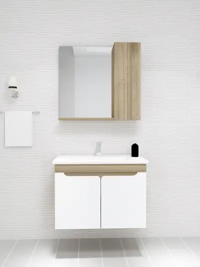 Leny Bathroom Top-Bottom Washbasin Cabinet with Mirror, Sink & Side Cabinet Set - Walnut & W