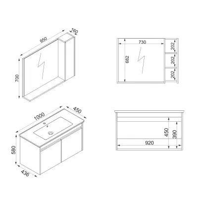 Maya Bathroom Top-Bottom Washbasin Cabinet with Mirror, Sink & Side Cabinet Set - White