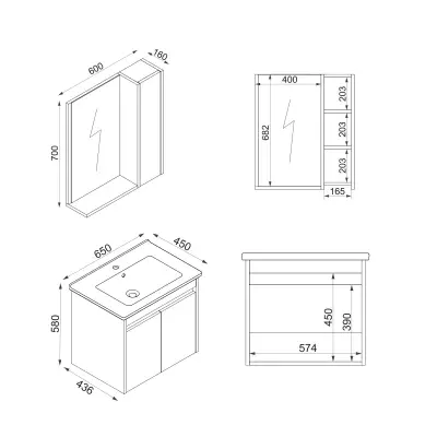 Maya Bathroom Top-Bottom Washbasin Cabinet with Mirror, Sink & Side Cabinet Set - White