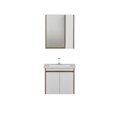 Maya Bathroom Top-Bottom Washbasin Cabinet Mirror, Sink & Side Cabinet Set - Walnut & White