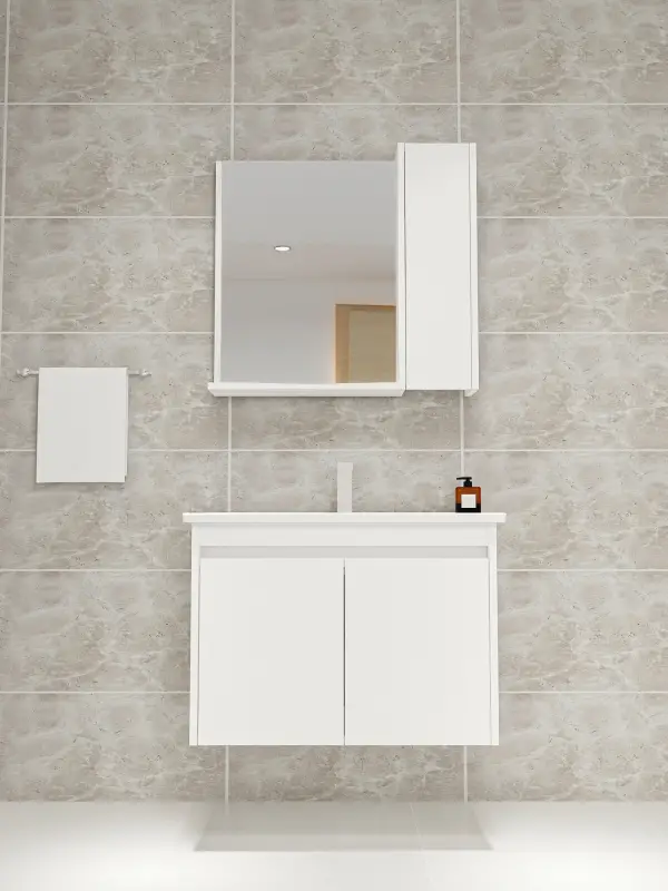 Maya Bathroom Top-Bottom Washbasin Cabinet with Mirror, Sink & Side Cabinet Set - White