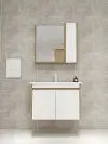 Maya Bathroom Top-Bottom Washbasin Cabinet Mirror, Sink & Side Cabinet Set - Walnut & White