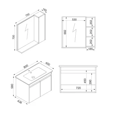 Maya Bathroom Top-Bottom Washbasin Cabinet Mirror, Sink & Side Cabinet Set - Oak & White