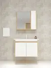 Maya Bathroom Top-Bottom Washbasin Cabinet Mirror, Sink & Side Cabinet Set - Oak & White