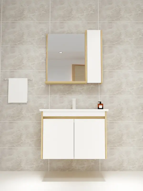 Maya Bathroom Top-Bottom Washbasin Cabinet Mirror, Sink & Side Cabinet Set - Oak & White