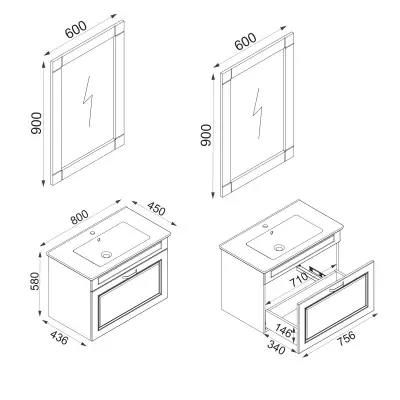 Moderno Bathroom Washbasin Cabinet with Framed Wall Mirror, Sink & Side Cabinet Set - White