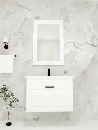 Moderno Bathroom Washbasin Cabinet with Framed Wall Mirror, Sink & Side Cabinet Set - White