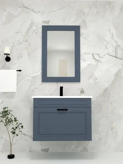 Moderno Bathroom Washbasin Cabinet with Framed Wall Mirror, Sink & Side Cabinet Set - Ireland Blue