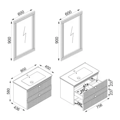 Sanvela Bathroom Washbasin Cabinet with Framed Wall Mirror, Sink & Side Cabinet Set - White