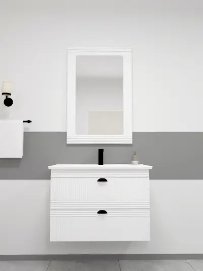 Sanvela Bathroom Washbasin Cabinet with Framed Wall Mirror, Sink & Side Cabinet Set - White