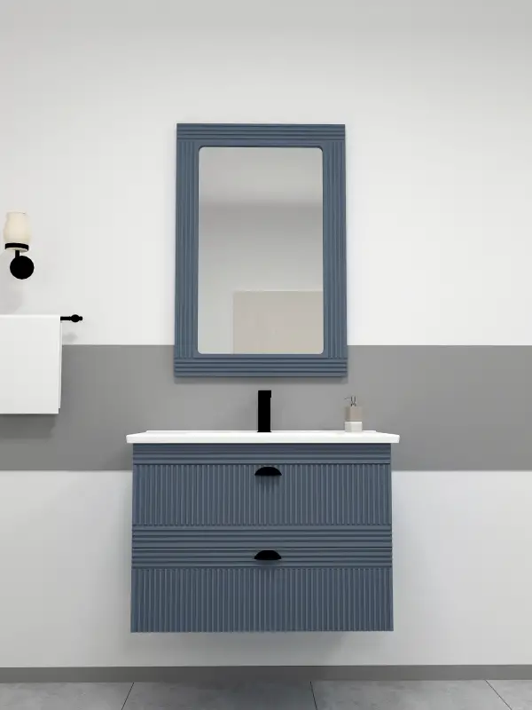 Sanvela Bathroom Washbasin Cabinet with Framed Wall Mirror, Sink & Side Cabinet Set - Ireland Blue