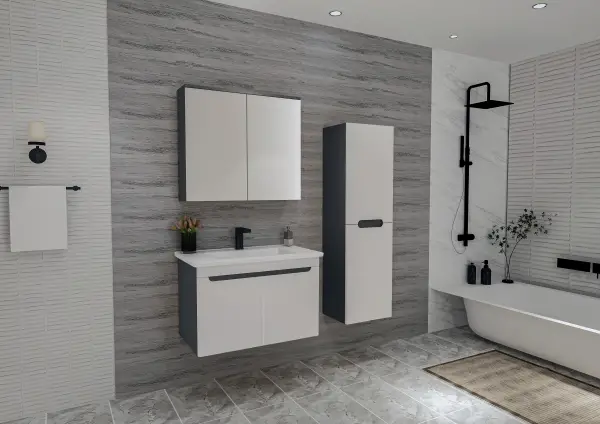 Evola Bathroom Top-Bottom Washbasin Cabinets with Mirror, Sink & Side Cabinet Set - White & Anthracite