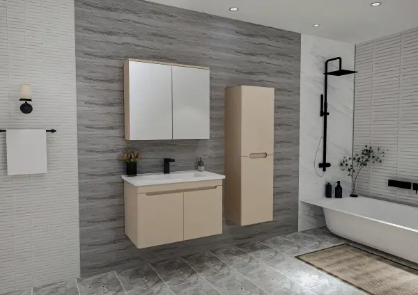 Evola Bathroom Top-Bottom Washbasin Cabinets with Mirror, Sink & Side Cabinet Set - Cappuccino
